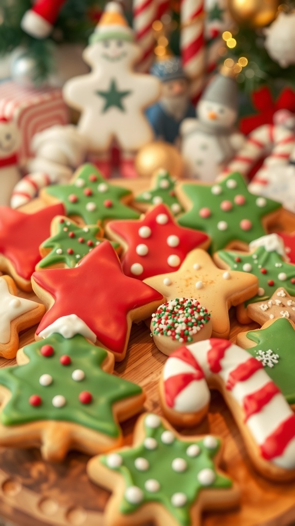 Festive Christmas Cookies for Kids A variety of decorated Christmas cookies in festive shapes on a wooden platter.